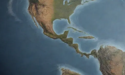 Mapa que muestra los continentes, fronteras y atributos únicos de América del Norte, Sudamérica y Centroamérica.