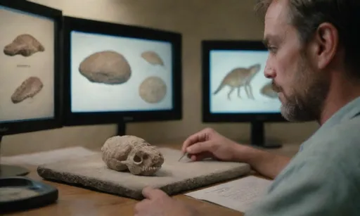Un paleontólogo que examina fósiles en un entorno de piedra natural con explicaciones en pantalla.